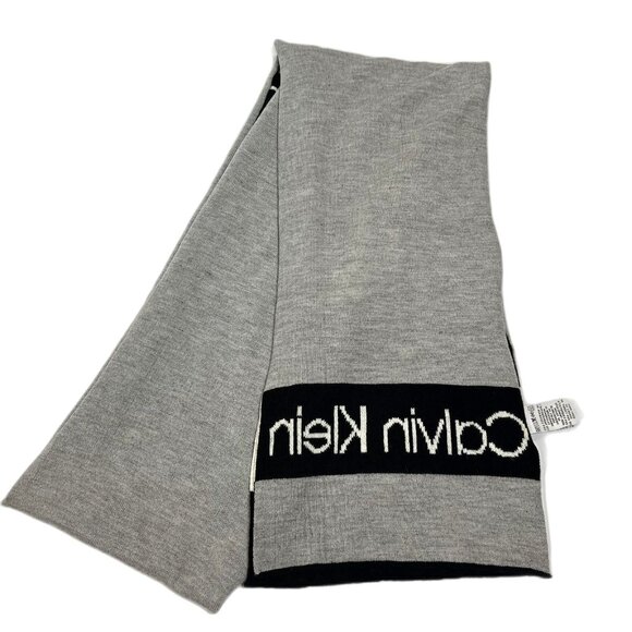 Calvin Klein Logo Knit Scarf NWOT 9x82 Black Gray White Stripe Unisex - Picture 2 of 5